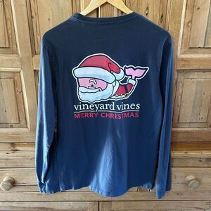 Men's Vineyard Vines Small Merry Christmas Shirt Long Sleeve Navy Santa Whale‎